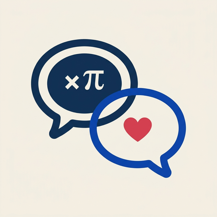 Illustration: two speech bubbles — one holding math symbols, one holding a heart
