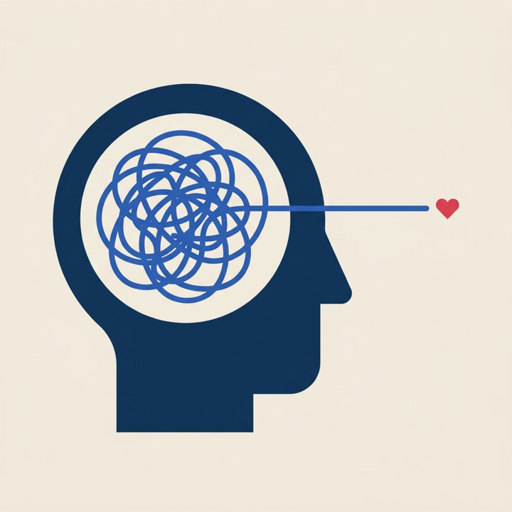 Illustration: a tangled scribble inside a head unwinding into one calm line ending in a small heart